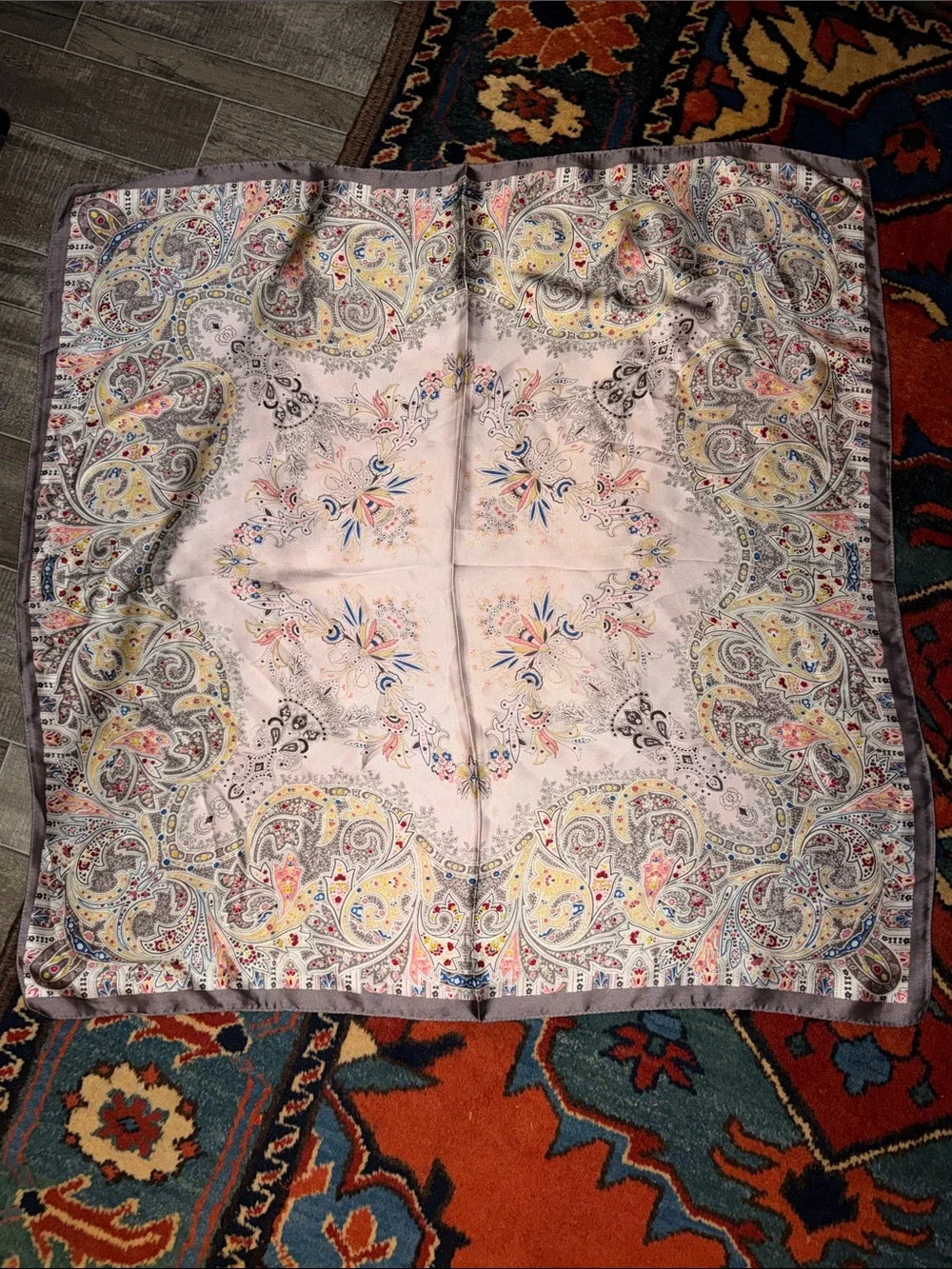 Vintage Paisley Floral Square Scarf Pastel Cream Mauve Border Boho Chic Silk